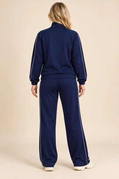 hazelin Women's Navy Blue Stripe Detailed Zippered Oysho Jacket Wide Leg Pants Double Set Hzl28W-Wm568