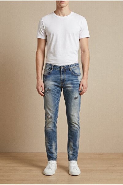 OEM Blugi barbati casual regular fit prespalati cu aplicatii decorative cu ca...
