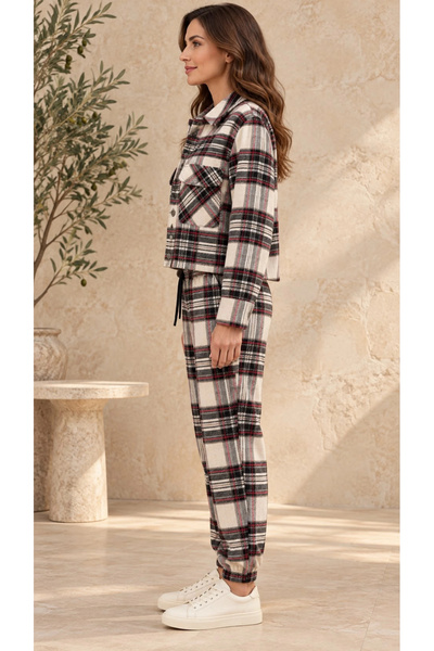 Tencelle Woman Women's Gray Plaid Patterned V-Neck Buttoned Top and Jogger Trousers Two-Piece Set