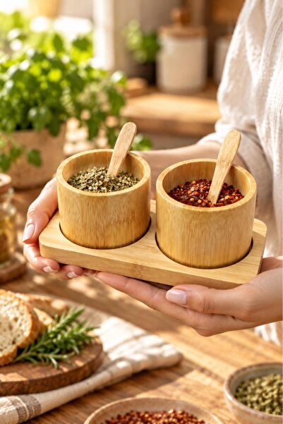 Atbyhome Bambum 5 Parça Bambu 2'li Baharatlık Seti - Kaşıklı Masa Üstü Baharat Kasesi Ve Servis Standı Sunumluk