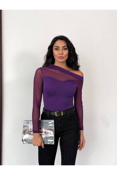 QUTTA Kadın Mor Kayık Yaka Kolu Tül Uzun Kollu Sandy Kumaş Bluz