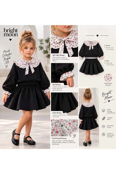 bright moon Girl's Stylish Patterned Collar Tie Sweat Skirt Set