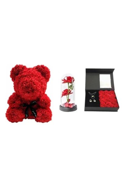 OEM Σετ με Rose Bear, τριαντάφυλλα με LED φωτισμό σε γυάλινο θόλο και κουτί δ...