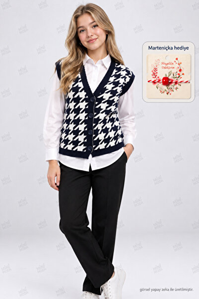 Minimoda Kids Girl's Houndstooth Patterned V-Neck Buttoned Knitwear Vest