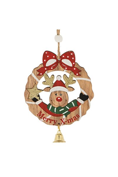 DD SHOP Ornament din Lemn Brad de Craciun Glob cu Cerb Clopotel 10Cm