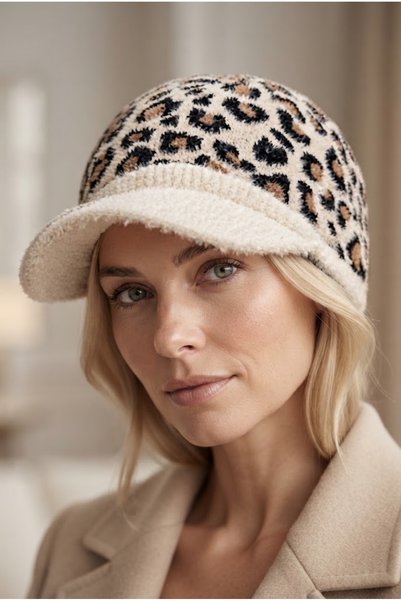 Belifanti Collection Luxury Winter Women's Cream Beige Leopard Patterned Hat with Feather Detail and Brim