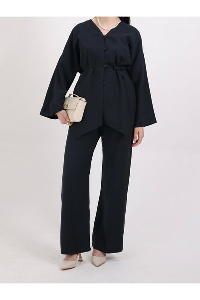 Hepsi Moda V-Neck Buttoned Modal Suit - Hpm - Black
