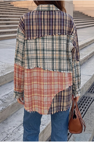 FEMELLE Women's Oversize Patchwork 100% Cotton Shirt Multi-Colored Asymmetrical Cut Tassel Detailed Wide Fit Long Sleeve (Buy 1 Size Smaller)