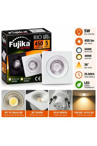 Şaheser Fujika Rio LED Spot 5W 450 Lümen Kare Kasa Sıva Altı Gömme Tavan Spot...