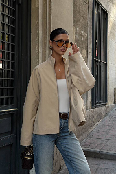 NET OF NOT Yeni Sezon Bej Oversize Dik Yaka Kadın Ceket Mont