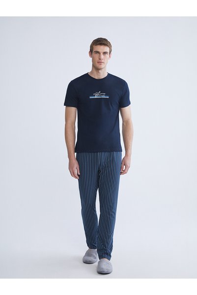 LC Waikiki Nevavm Navy Blue Combed Cotton Printed Short Sleeve Men's Pajama S...