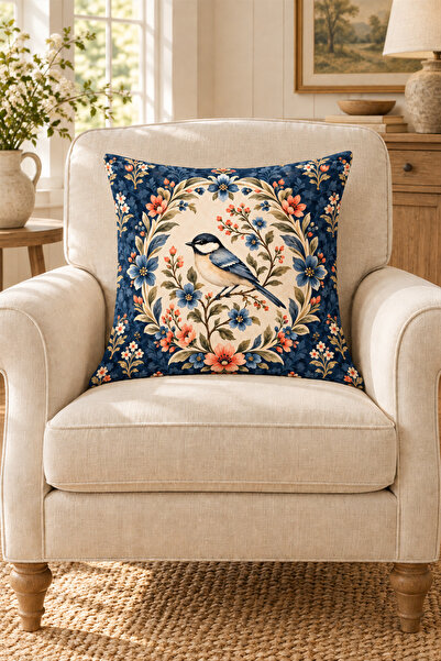 dekomingo Navy Blue Floral and Bird Patterned 4 Throw Pillow Covers 1 Runner 5 Piece Decorative Set (Double Sided)