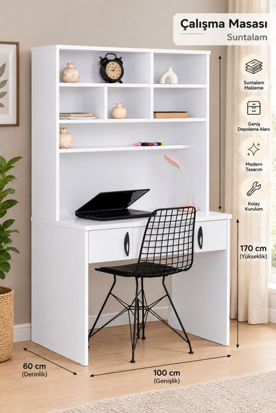 AYB Raflı ve 2 Çekmeceli Çalışma Masası Suntalam 170x100x60 cm