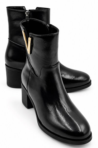 İX Angelo Women's Black Faux Leather Round Toe Thick Heeled V-Shaped Metal Buckle Stylish Daily Boots 6 cm Heel