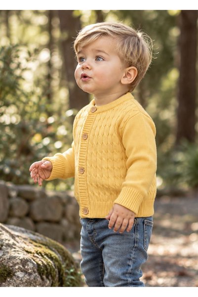 Ozmoz By Mukadder Özden Organic Knitwear Long Sleeve Yellow Baby Boy Cardigan