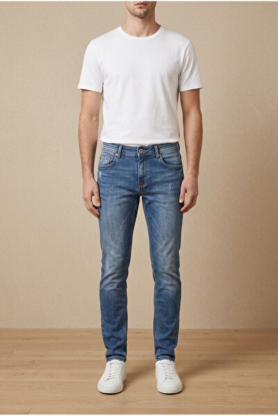 OEM Blugi barbati casual regular fit prespalati cu zgarieturi discrete si pli...