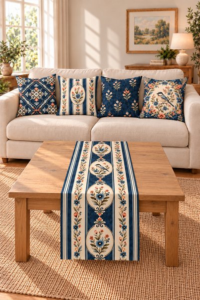 dekomingo Navy Blue Floral and Bird Patterned 4 Throw Pillow Covers 1 Runner 5 Piece Decorative Set (Double Sided)