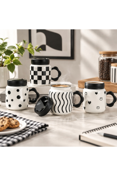 idei 420ml ceramic mug with decorative wavy handle and black lid, modern blac...