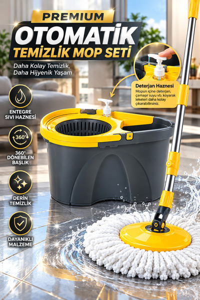 grimorlife Premium Otomatik Temizlik Mop Seti – Sıvı Deterjan Hazneli, 360° Döner Başlıklı, Pedallı Sıkma Mekanizmalı Mikrofiber Mop 19 LT