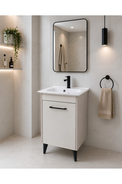 AKADEMİK BANYO 50 cm Lavabolu Mini Banyo Dolabı Kapuçino – Siyah Ayaklı, Tek ...