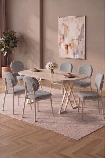asaella mobilya Hooli 90x168 Traverten Mdf Masa, Metal X Ayak, Metal Sandalye...