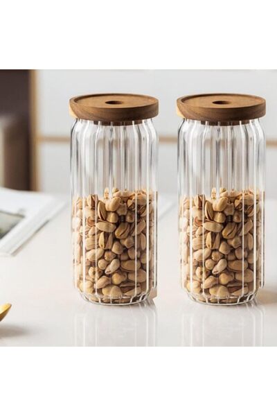 Generic Borosilicate Stripe Glass Food Storage Jar With Acacia Wood Air Tight...