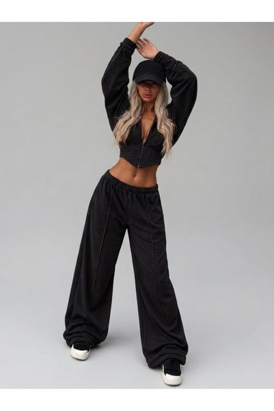 Estilo Fashion طقم فرنسي رائع من القطيفة بتفاصيل مفصلة من الأسفل - قطعة علوية واسعة الأرجل