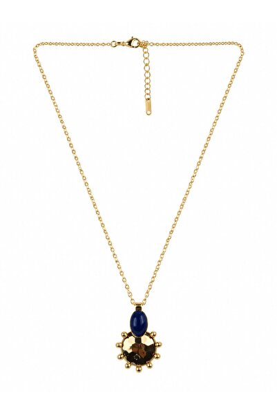 Sacha Accessories Navy Blue Stone Detailed Sun Patterned Gold Design Necklace