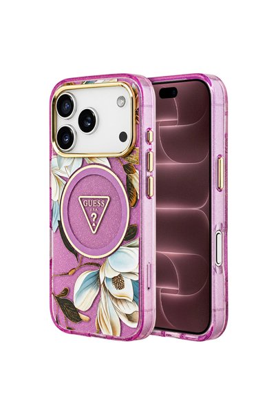 Guess Θήκη για iPhone 17/18 Pro Max IML Φλοράλ Γκλίτερ Τρίγωνο MagSafe, Μοβ