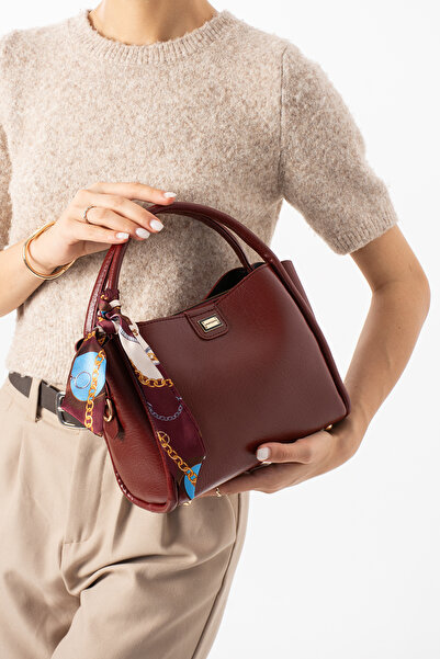 Sanmorris Twilly Women's Faux Leather Scarf Detailed Stylish Hand and Shoulder Bag Burgundy