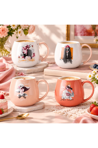 idei Bulbous ceramic mug with illustration of women and decorative text, volu...