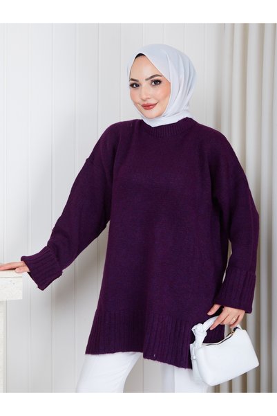 EFSUN MODA Women's Circular Neck Oversize Knitwear Tunic Sweater Tesettür