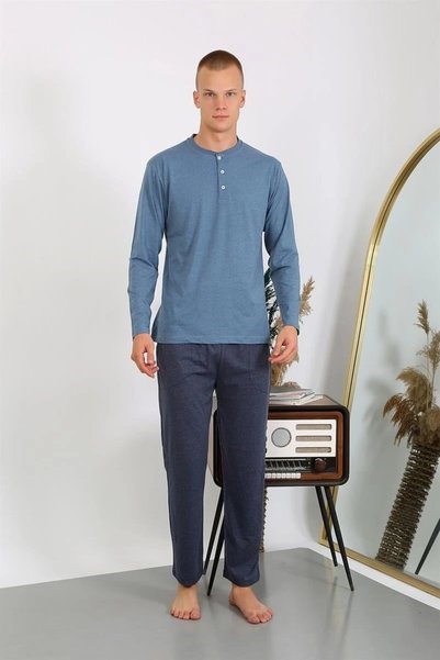 Mariposa Secret Men's Combed Cotton Long Sleeve Pajama Set Indigo
