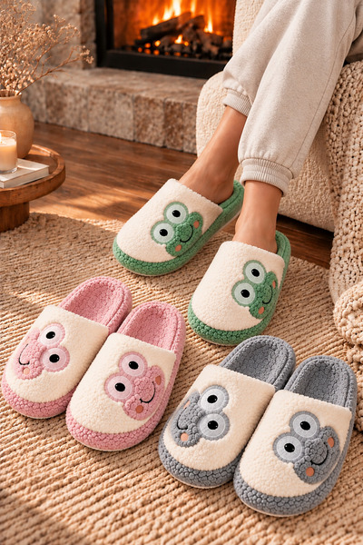 Beyond Kadın 3’lü Pudra Yeşil Gri Kurbağa İşlemeli İçi Peluş Kürklü 3 Cm Tabanlı Kışlık Ev Terliği Seti BYNDKUR01