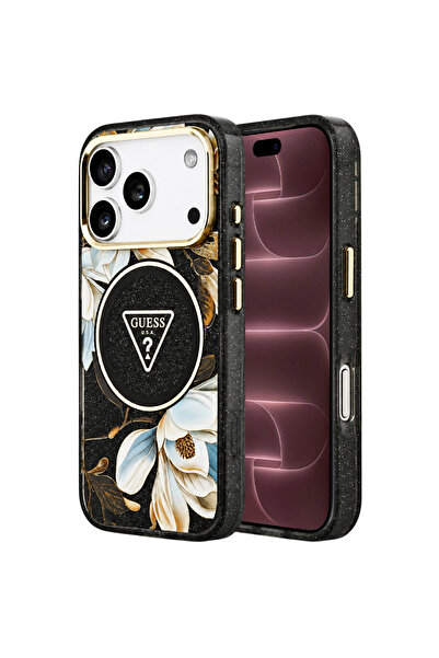 Guess iPhone 17/18 Pro Max IML Φλοράλ Γκλίτερ Τριγωνική Θήκη MagSafe, Μαύρη