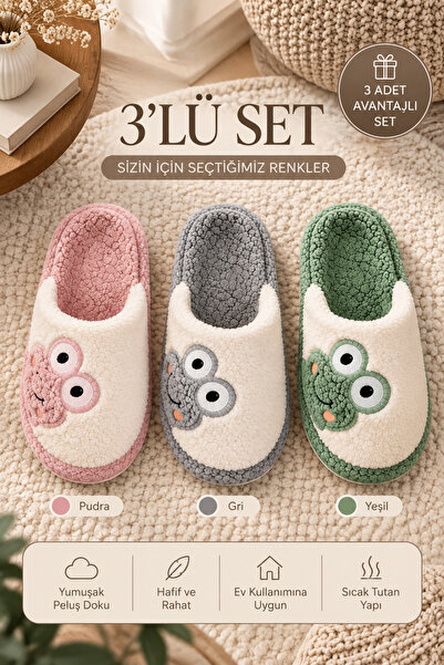 Beyond Kadın 3’lü Pudra Yeşil Gri Kurbağa İşlemeli İçi Peluş Kürklü 3 Cm Tabanlı Kışlık Ev Terliği Seti BYNDKUR01