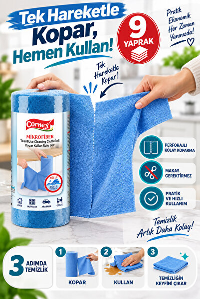 grimorlife 1 Adet 9 Yaprak Mikrofiber Kopar Kullan Rulo Temizlik Bezi – 25x25 cm, Yüksek Emicili, İz Bırakmayan, Çok Amaçlı Temizlik Bezi