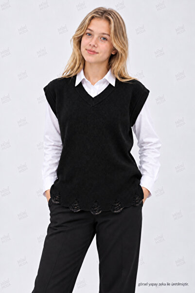 Minimoda Kids Girl's V-Neck Knit Sweater with Frayed Hem Detail