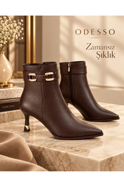 ODESSO Women's Pointed Toe 5 cm Goblet Heeled Boots Warm Lining Stone Buckle Zippered Short Boots Beige/Brown/Black