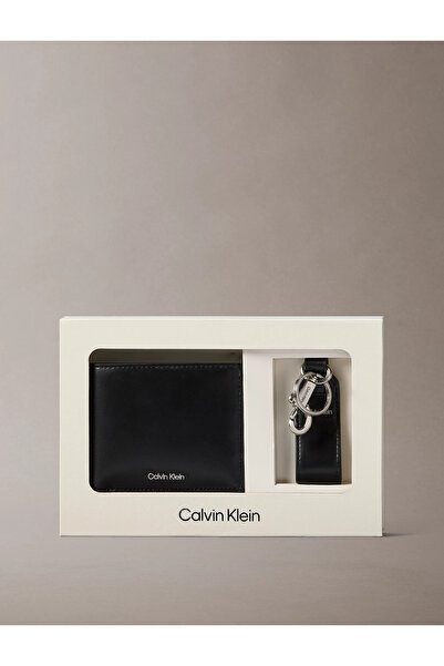 Calvin Klein محفظة رجالية تحمل شعار العلامة التجارية، تصميم أنيق، طقم سلسلة مفاتيح، محفظة سوداء