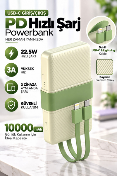 CROW'S TECH 10000 mAh 22.5W PD Hızlı Şarj Powerbank Dahili Type-C ve Lightnin...