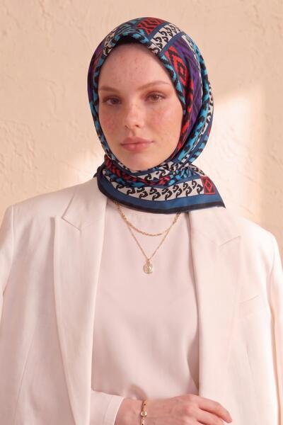 AFVENTE Retro 80S Vintage Ethnic Geometric Patterned Petrol Blue Soft Scarf &...