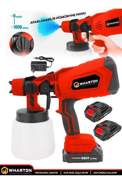 wharton 58Vf Çift Akülü Şarjlı Boya Tabancası 360 Döner Nozul Kablosuz Elektrikli Boya Püskürtme Makinesi Seti
