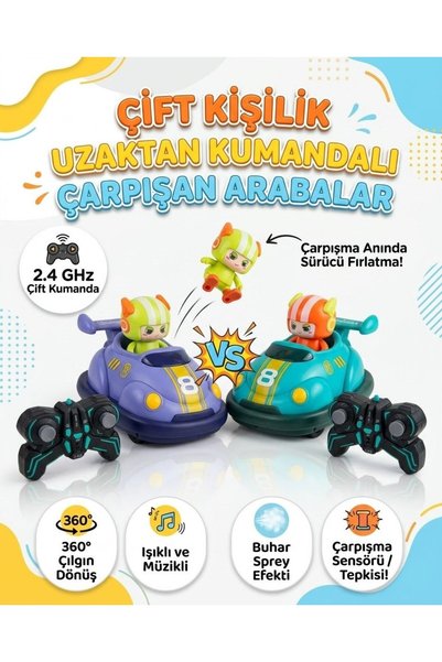 ARAD PRO Çift Kişilik Uzaktan Kumandalı Çarpışan Araba Seti - Sürücü Fırlatmalı, Işıklı, Müzikli & Buharlı 2.4 GHz 🚗💨