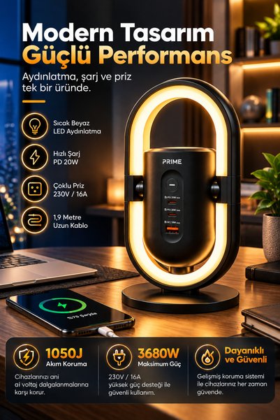 Merwish 1050J Akım Korumalı 2'li Priz, 2 USB-C PD 20W, USB-A QC 18W Hızlı Şarj, LED Gece Lambası, 1,9 Metre Kablo, 3680W