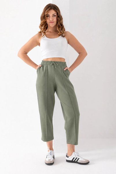 PHANTOM JEANS Green Color, Elastic Waist, Modal Fabric, Lace-Up, Ankle Length, Comfortable Cut Women's Trousers