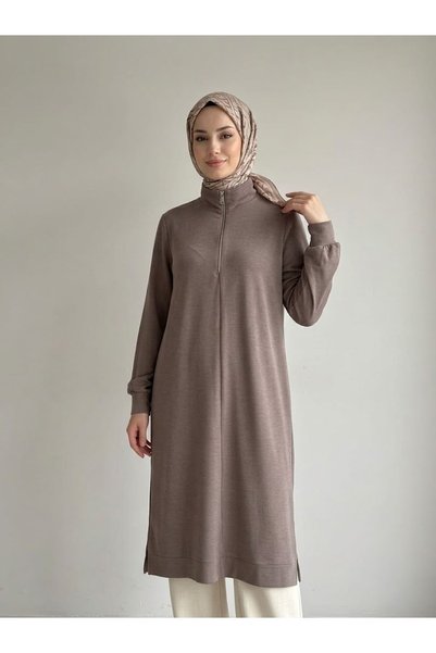 Lunsera Store فستان بيك بتفاصيل سحاب - بني فاتح