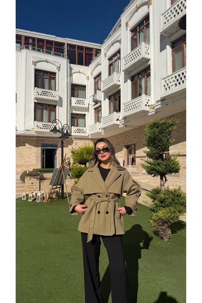 BELİS WEAR Women's Short Cashmere Coat, Double-Breasted, Belted, Waist-Tied Model Jacket