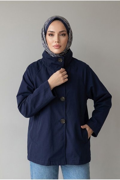 Lunsera Store ريجلون كول فلوتا سترة ترنش كوت بجيب - أزرق داكن