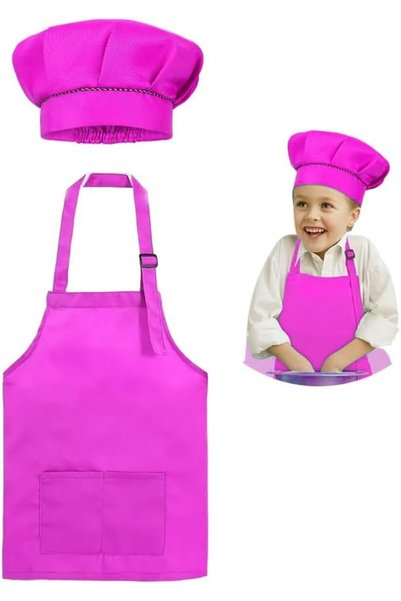 Generic طقم مريلة أطفال مع قبعة طاهي للأولاد والبنات من 3-7 سنوات مع جيوب للم...